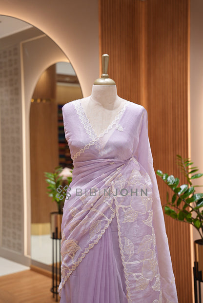 Tissue Organza Embroidery Saree For Women Dusty Lavender CLOSE VIEW
