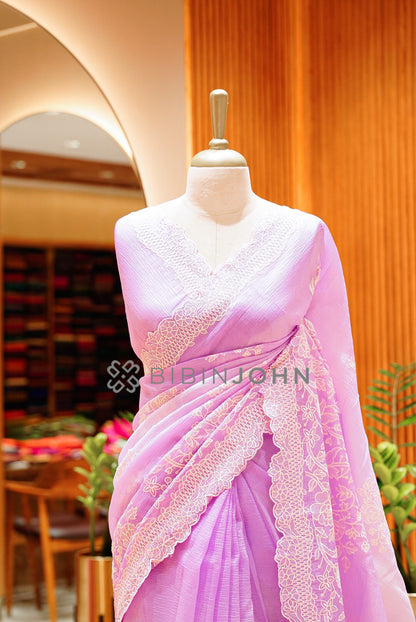 Tissue Organza Embroidery Saree For Women Lavender  close view