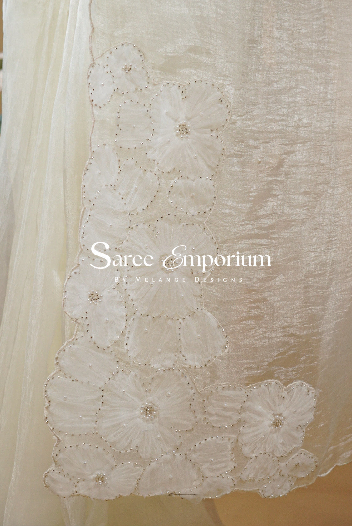 Tissue Organza Embroidery Saree For Women Ivory White Pallu.