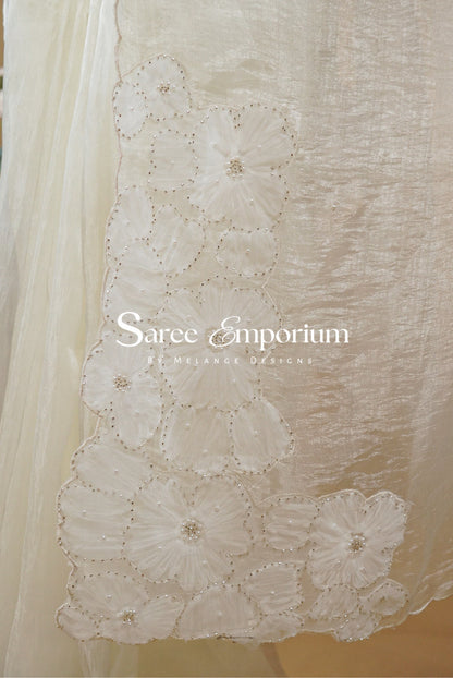 Tissue Organza Embroidery Saree For Women Ivory White Pallu.