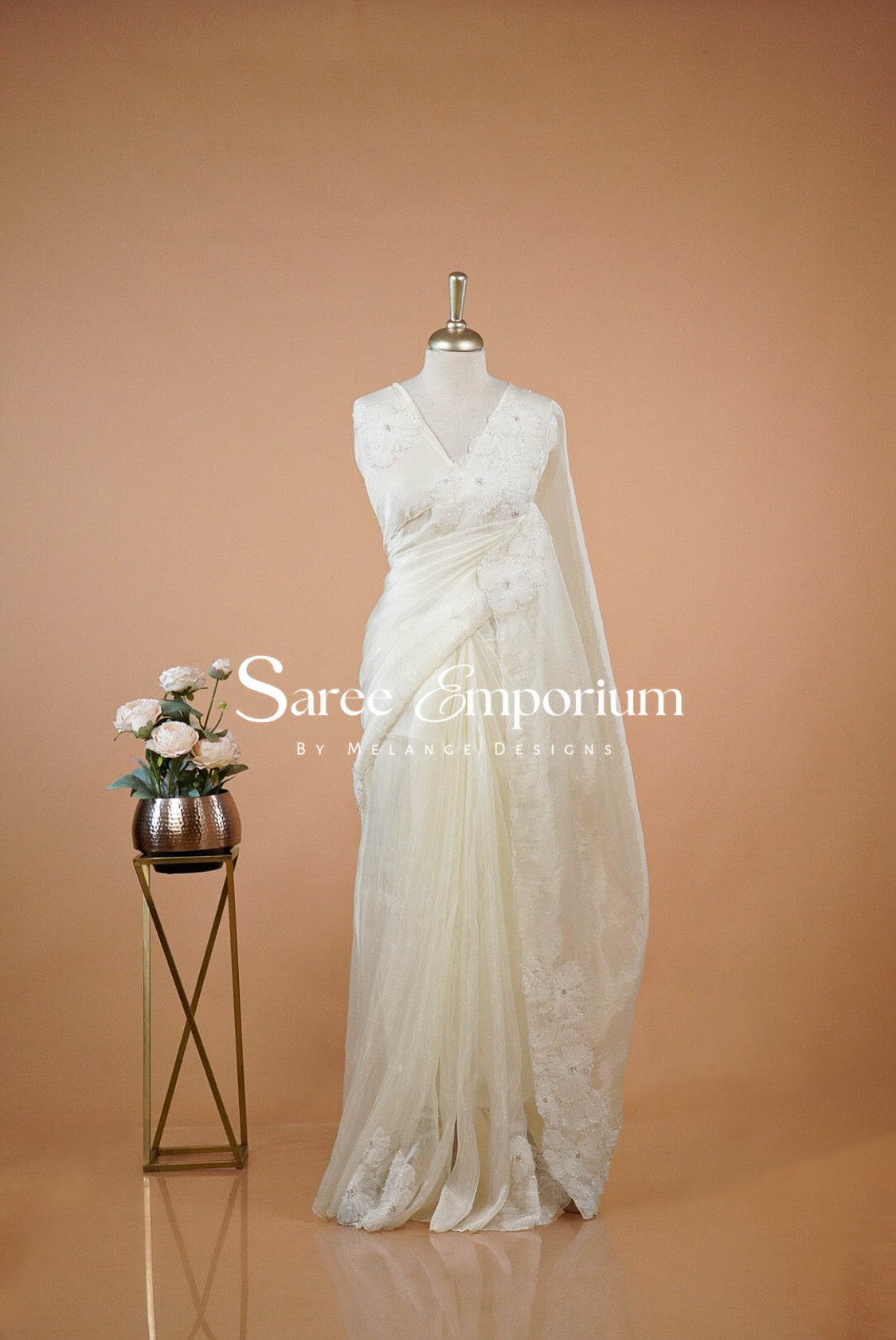 Tissue Organza Embroidery Saree For Women Ivory White