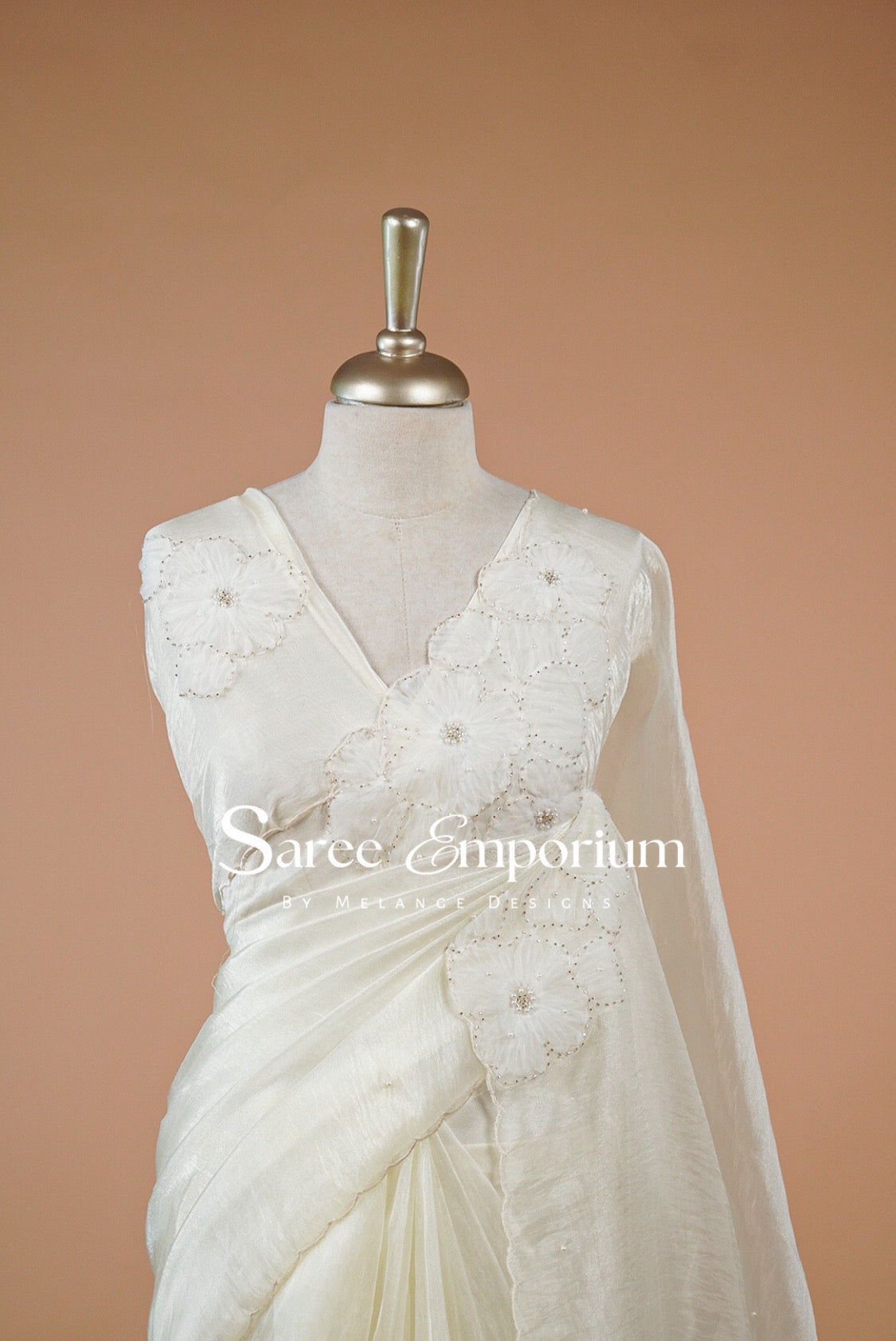 Tissue Organza Embroidery Saree For Women Ivory White Close View.