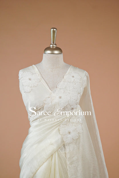 Tissue Organza Embroidery Saree For Women Ivory White Close View.