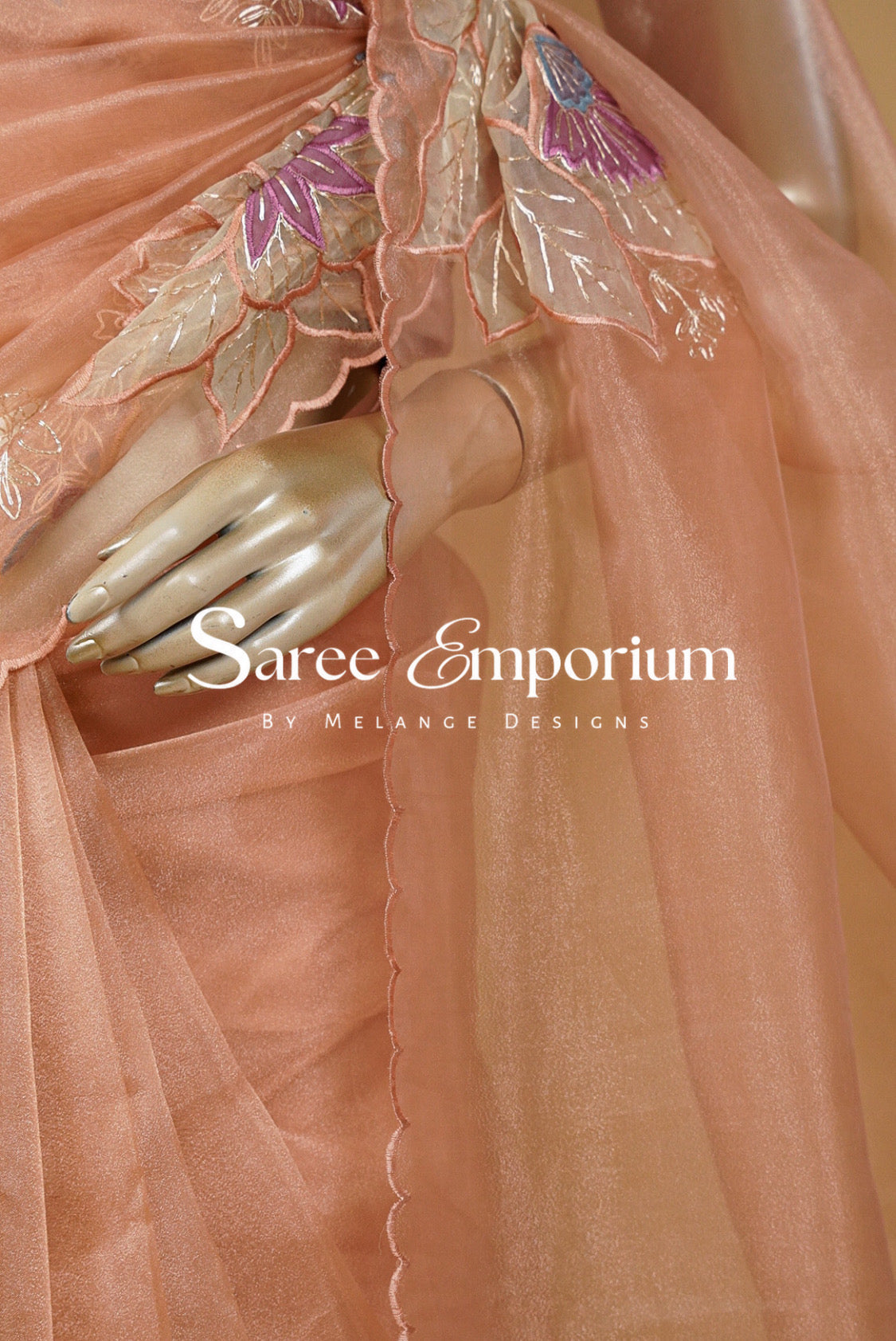 Tissue Organza Embroidery Saree For Women Peach