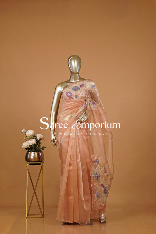 Tissue Organza Embroidery Saree For Women Peach