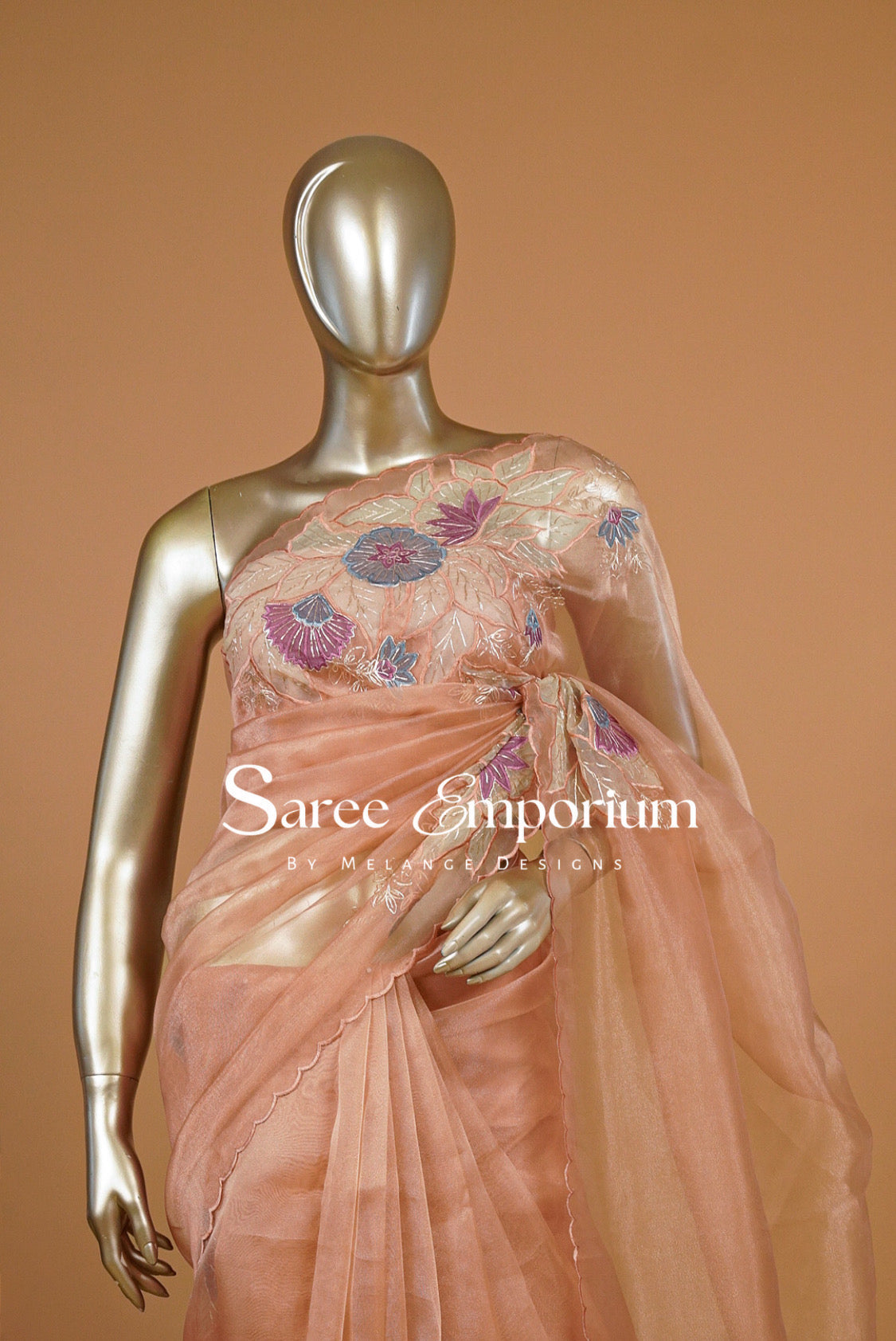 Tissue Organza Embroidery Saree For Women Peach