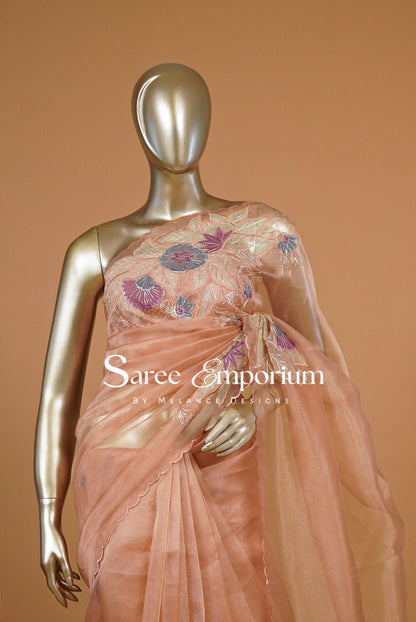 Tissue Organza Embroidery Saree For Women Peach