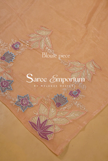 Tissue Organza Embroidery Saree For Women Peach