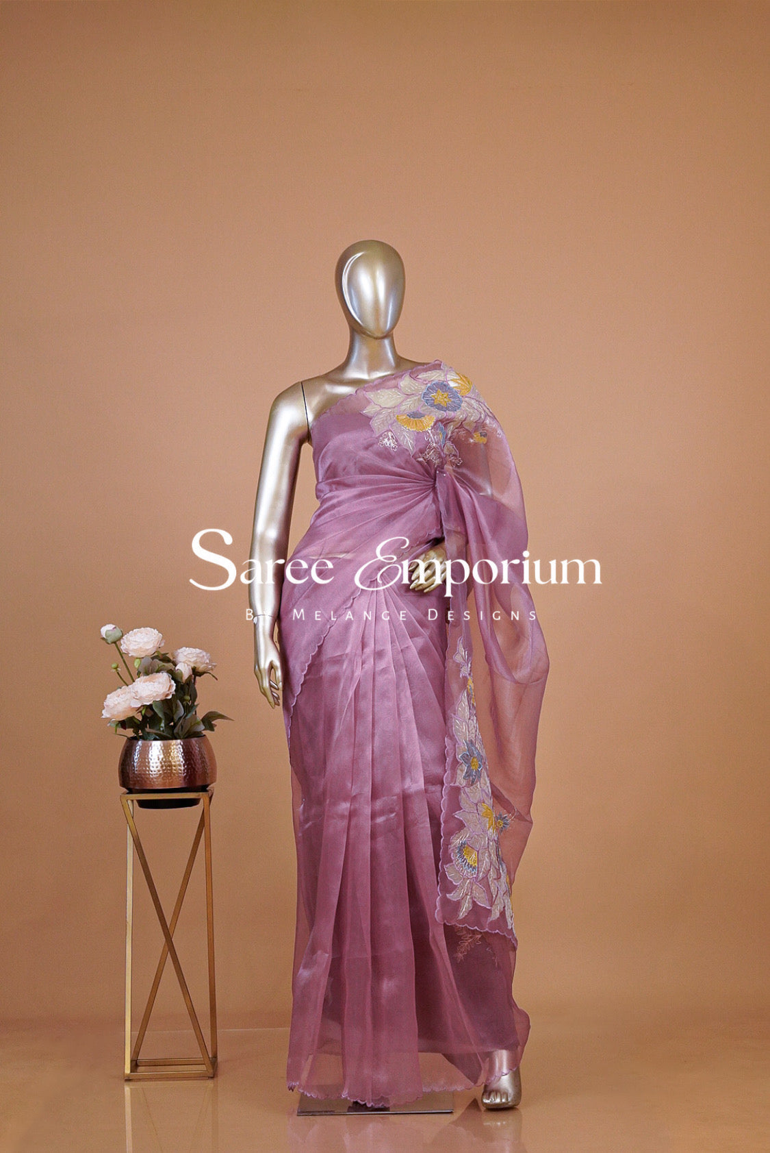 Tissue Organza Embroidery Saree For Women Dusty Mauve Pink