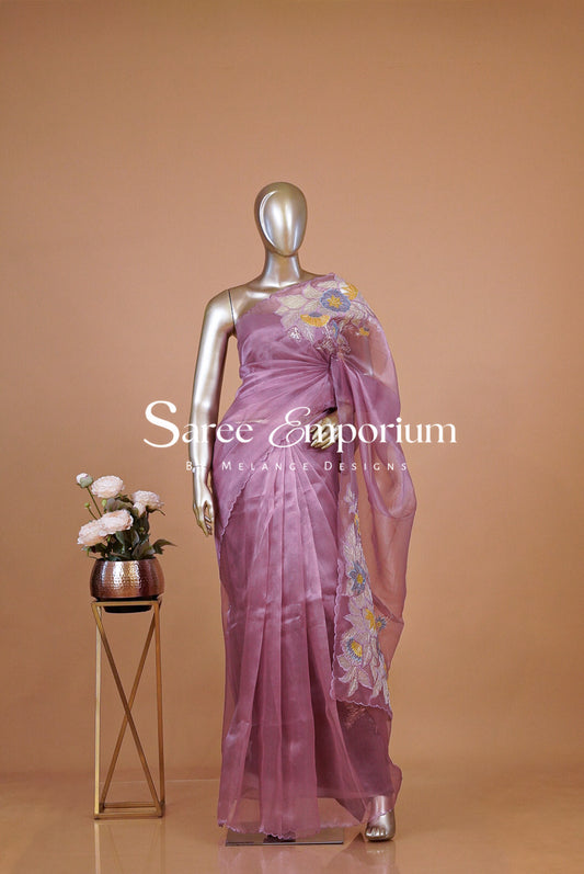 Tissue Organza Embroidery Saree For Women Dusty Mauve Pink