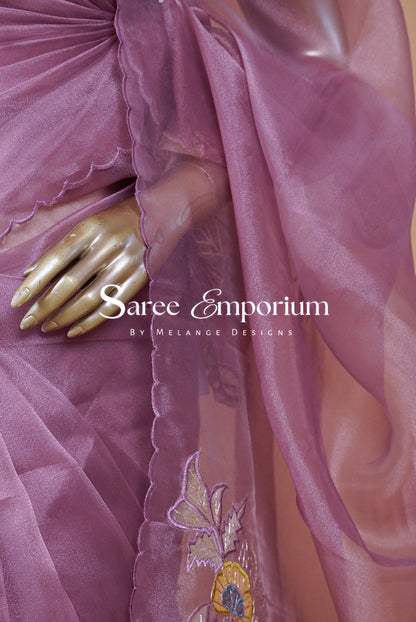 Tissue Organza Embroidery Saree For Women Dusty Mauve Pink
