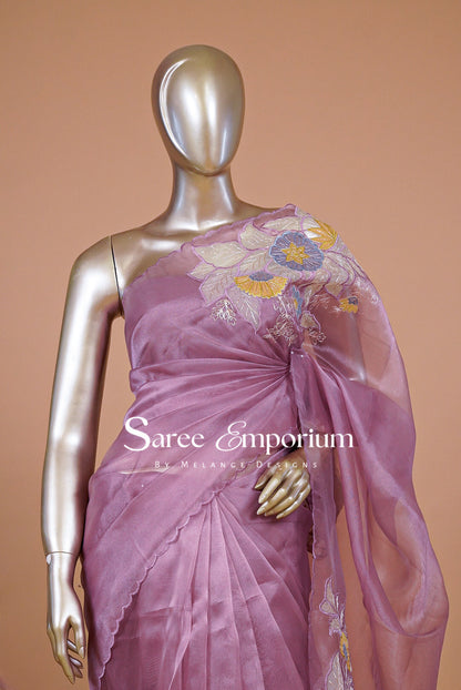 Tissue Organza Embroidery Saree For Women Dusty Mauve Pink