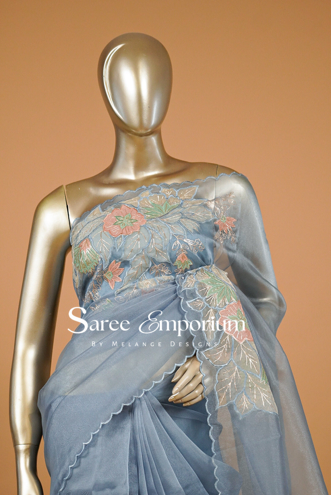 Tissue Organza Embroidery Saree For Women Dusty Powder Blue -Close up view.