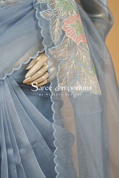Tissue Organza Embroidery Saree For Women Dusty Powder Blue-Side View.