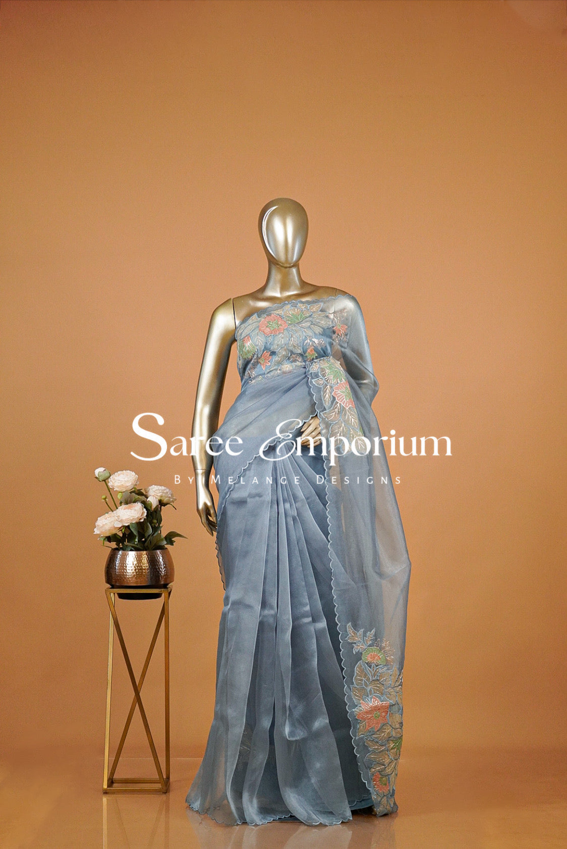 Tissue Organza Embroidery Saree For Women Dusty Powder Blue
