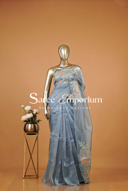 Tissue Organza Embroidery Saree For Women Dusty Powder Blue