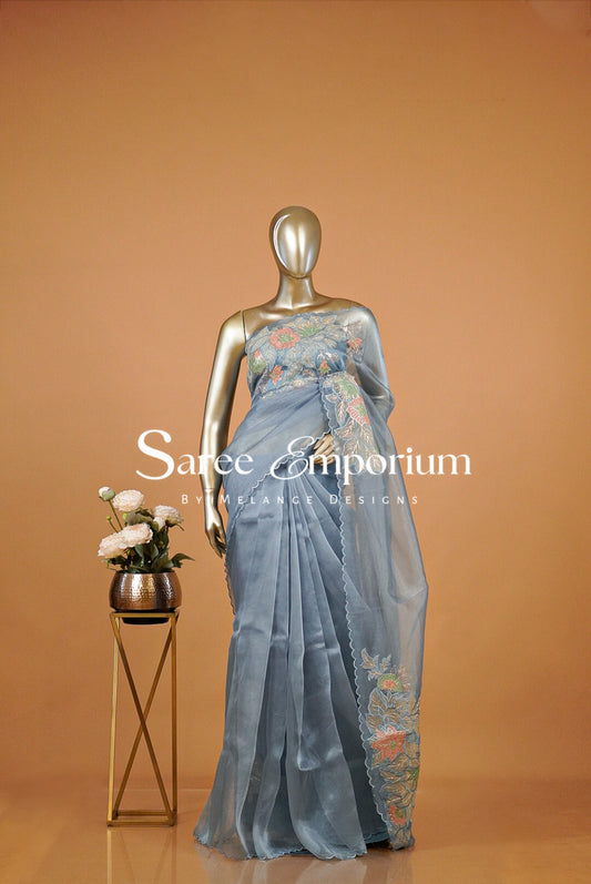 Tissue Organza Embroidery Saree For Women Dusty Powder Blue