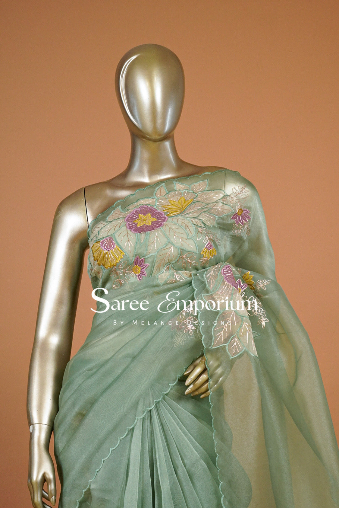 Tissue Organza Embroidery Saree For Women Sage Mint Green Close Up.