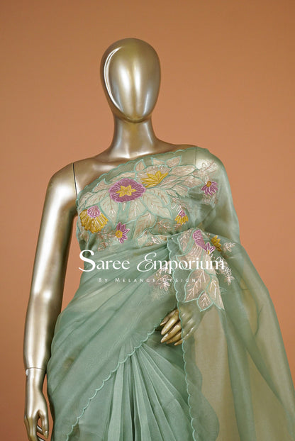 Tissue Organza Embroidery Saree For Women Sage Mint Green Close Up.