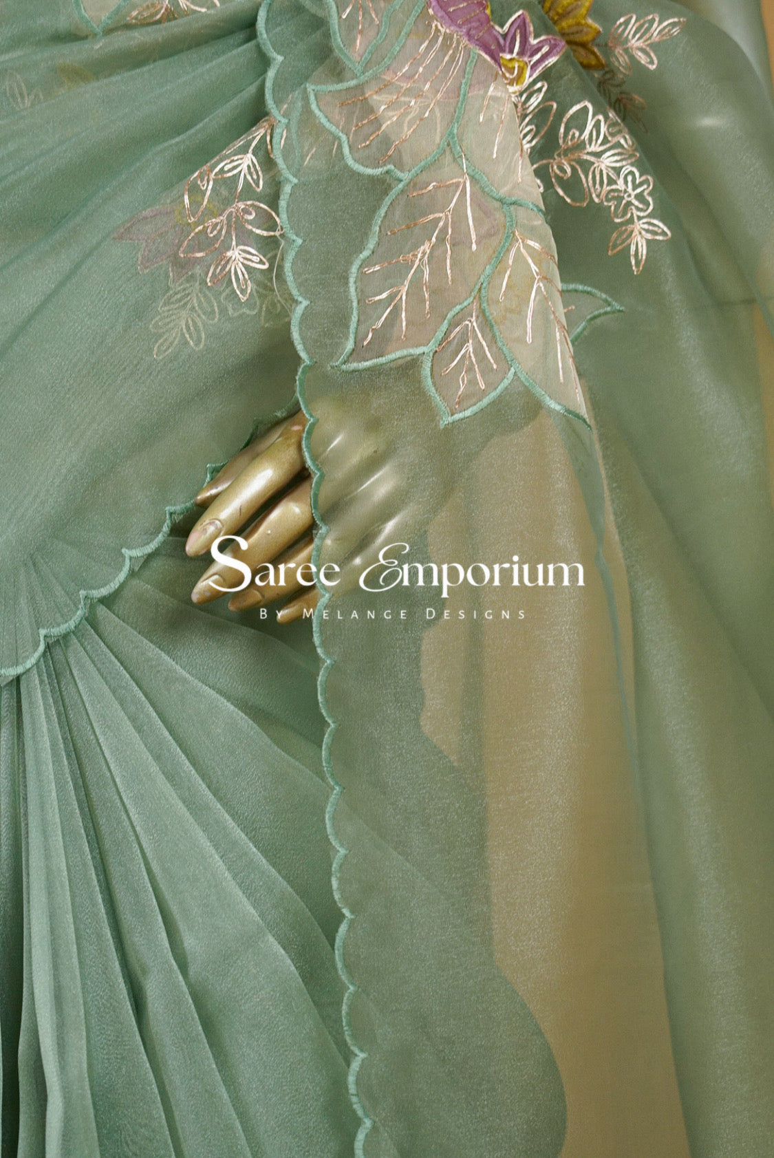 Tissue Organza Embroidery Saree For Women Sage Mint Green Side View.