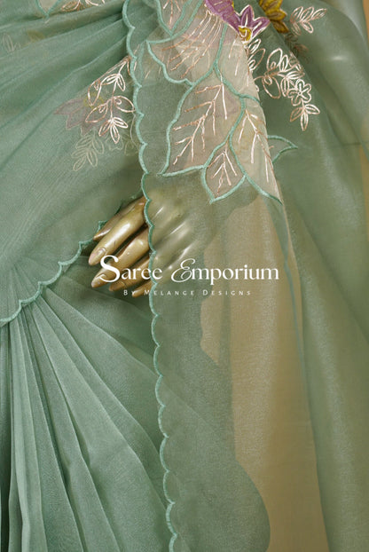 Tissue Organza Embroidery Saree For Women Sage Mint Green Side View.