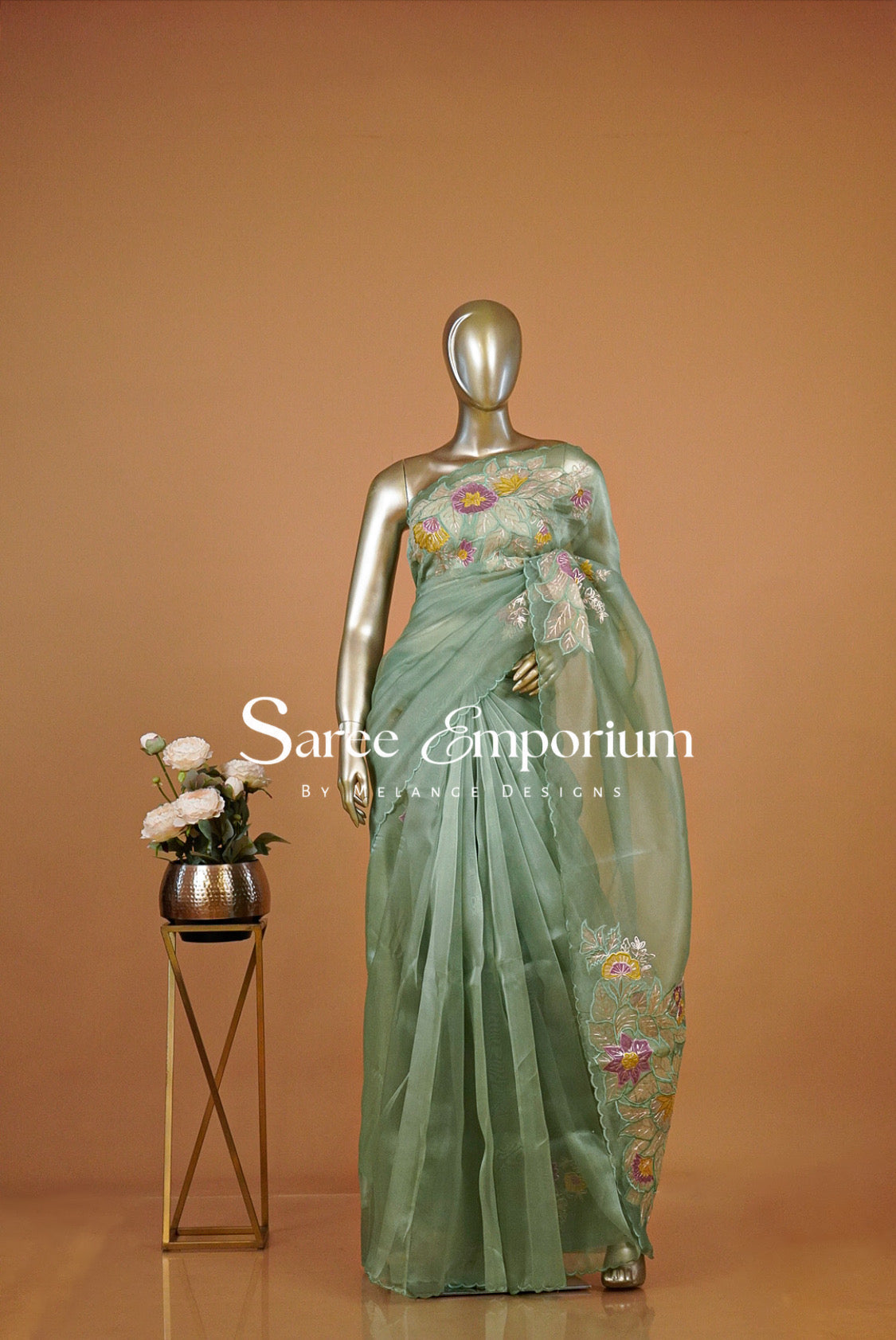 Tissue Organza Embroidery Saree For Women Sage Mint Green