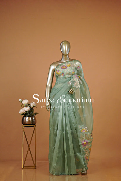 Tissue Organza Embroidery Saree For Women Sage Mint Green