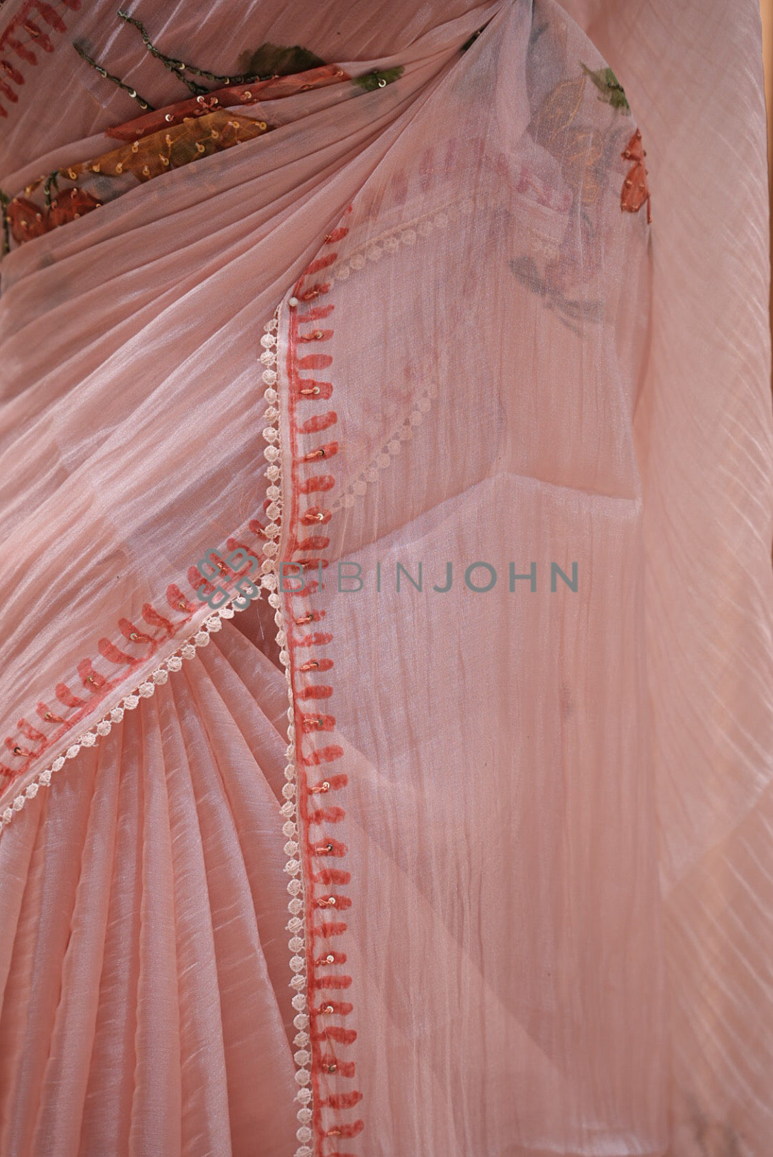 Tissue Organza Embroidery Saree For Women Dusty Peach Pink side view