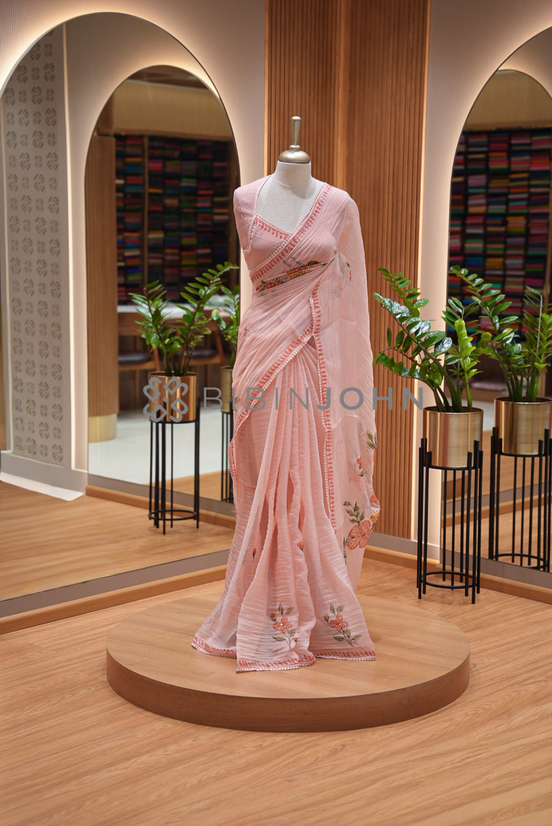 Tissue Organza Embroidery Saree For Women Dusty Peach Pink