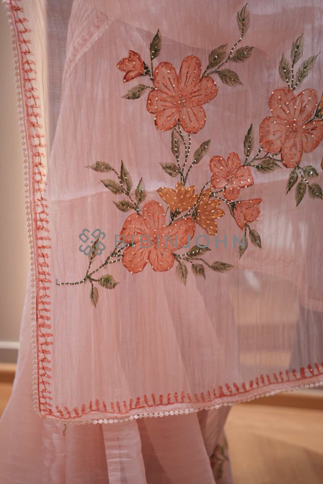 Tissue Organza Embroidery Saree For Women Dusty Peach Pink pallu.