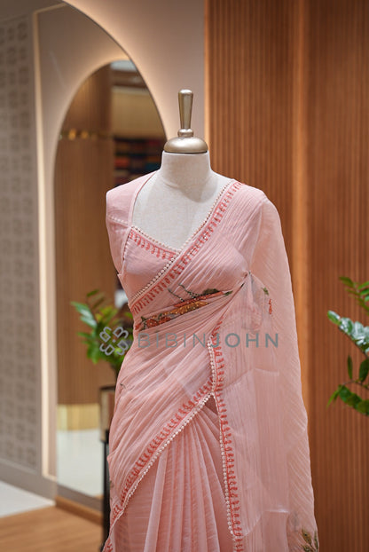 Tissue Organza Embroidery Saree For Women Dusty Peach Pink close view