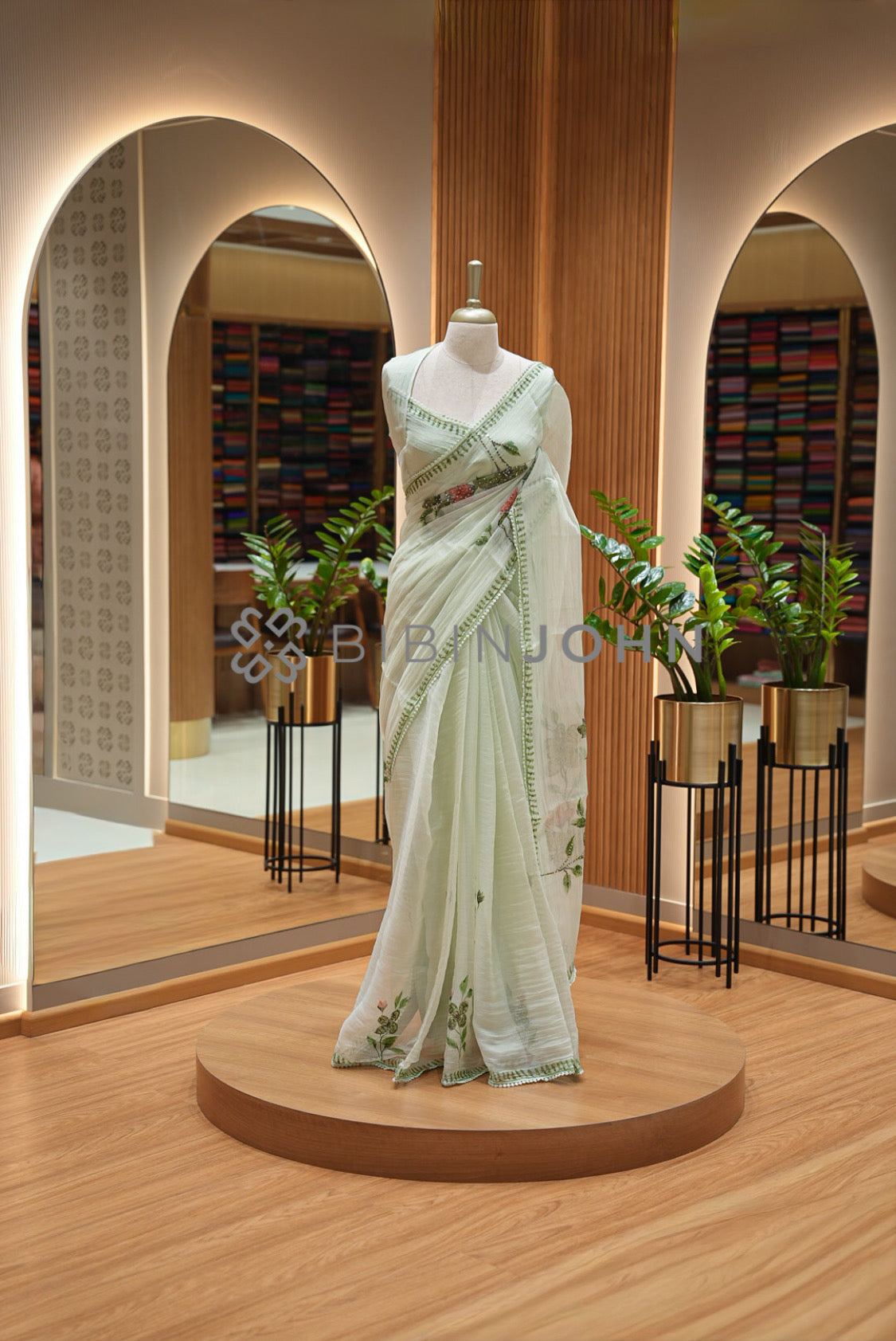 Tissue Organza Embroidery Saree For Women Pale Mint Green 