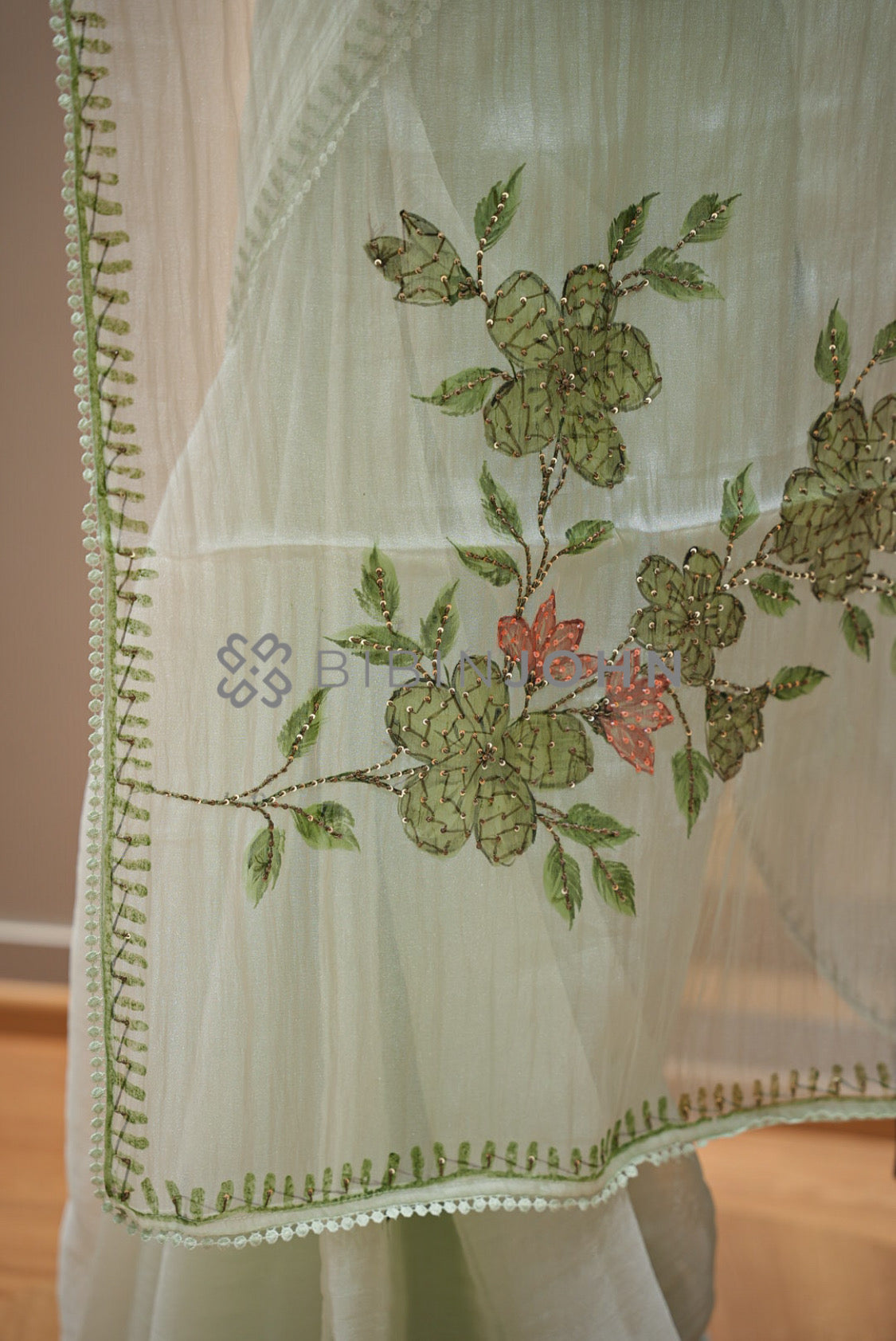 Tissue Organza Embroidery Saree For Women Pale Mint Green pallu.