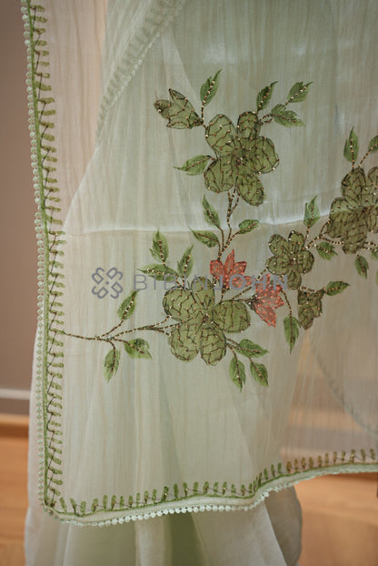 Tissue Organza Embroidery Saree For Women Pale Mint Green pallu.