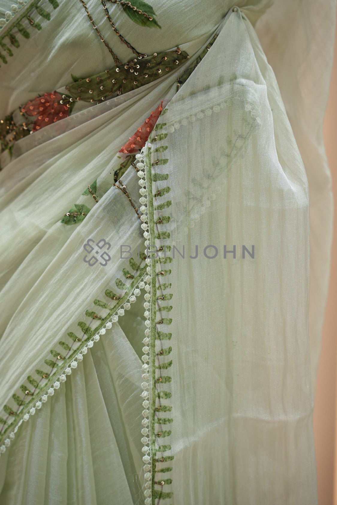 Tissue Organza Embroidery Saree For Women Pale Mint Green  side view