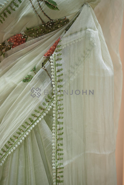 Tissue Organza Embroidery Saree For Women Pale Mint Green  side view