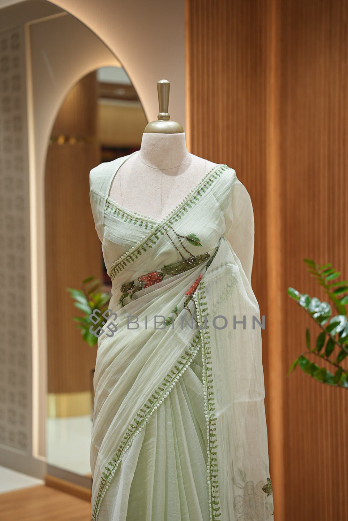 Tissue Organza Embroidery Saree For Women Pale Mint Green close view