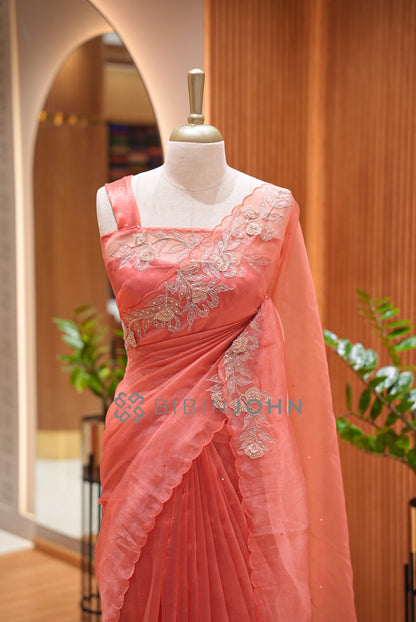 Tissue Organza Embroidery Saree For Women Coral Peach  CLOSE VIEW