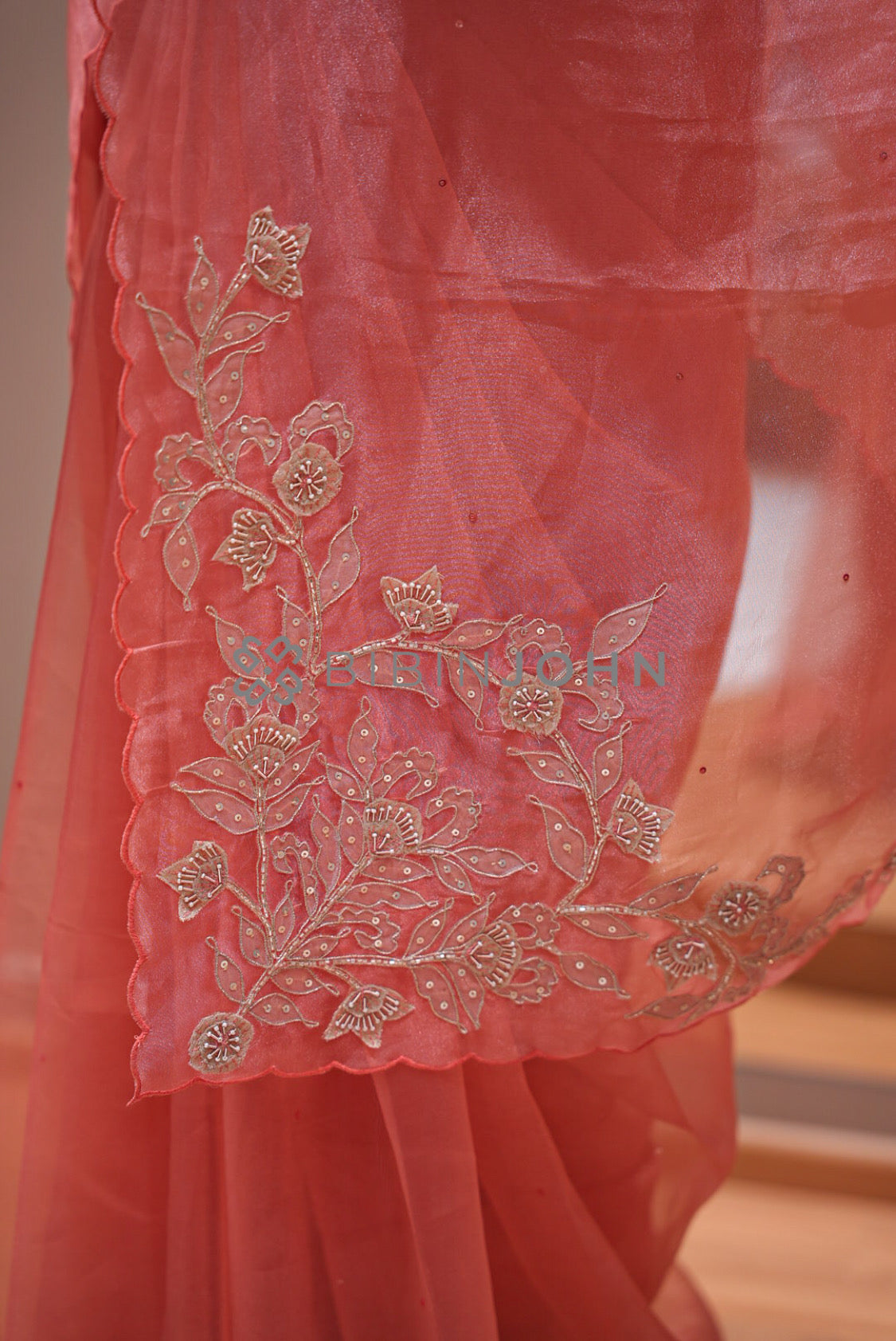 Tissue Organza Embroidery Saree For Women Coral Peach  PALLU