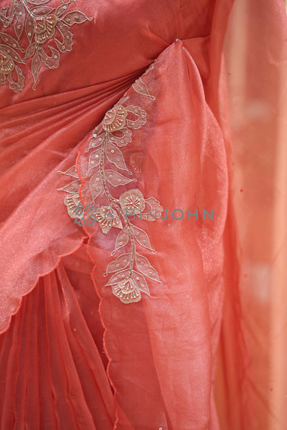 Tissue Organza Embroidery Saree For Women Coral Peach  SIDE VIEW