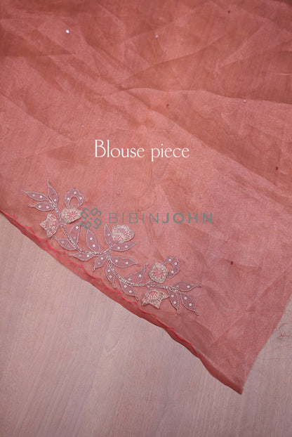 Tissue Organza Embroidery Saree For Women Coral Peach  BLOUSE PIECE