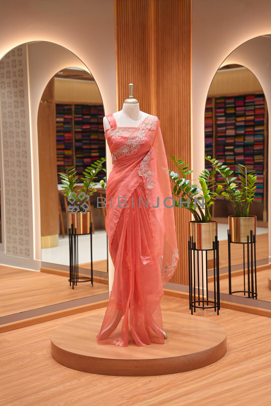 Tissue Organza Embroidery Saree For Women Coral Peach 