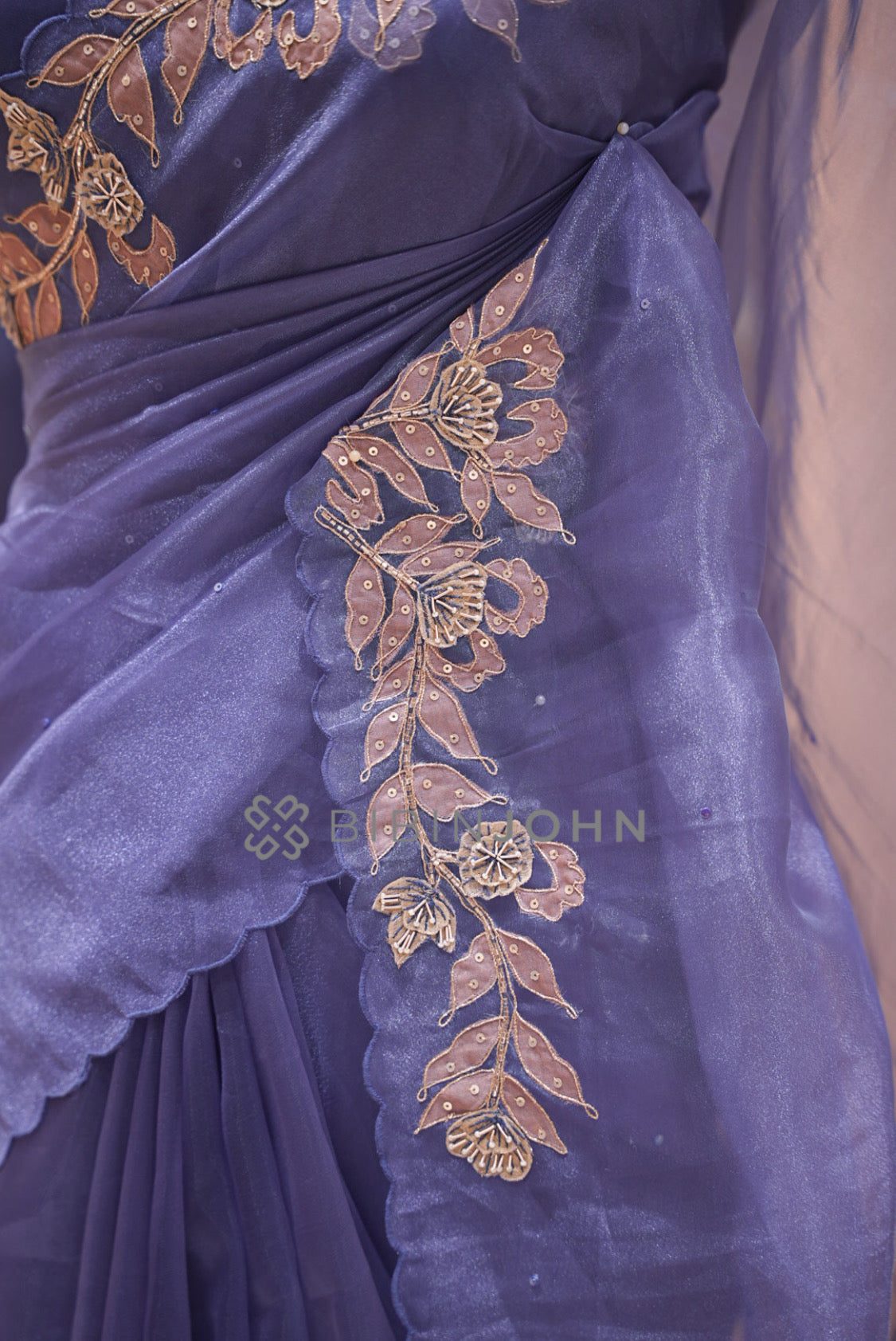 Tissue Organza Embroidery Saree For Women Dusty Periwinkle Blue SIDE VIEW