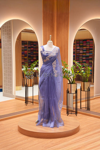 Tissue Organza Embroidery Saree For Women Dusty Periwinkle Blue