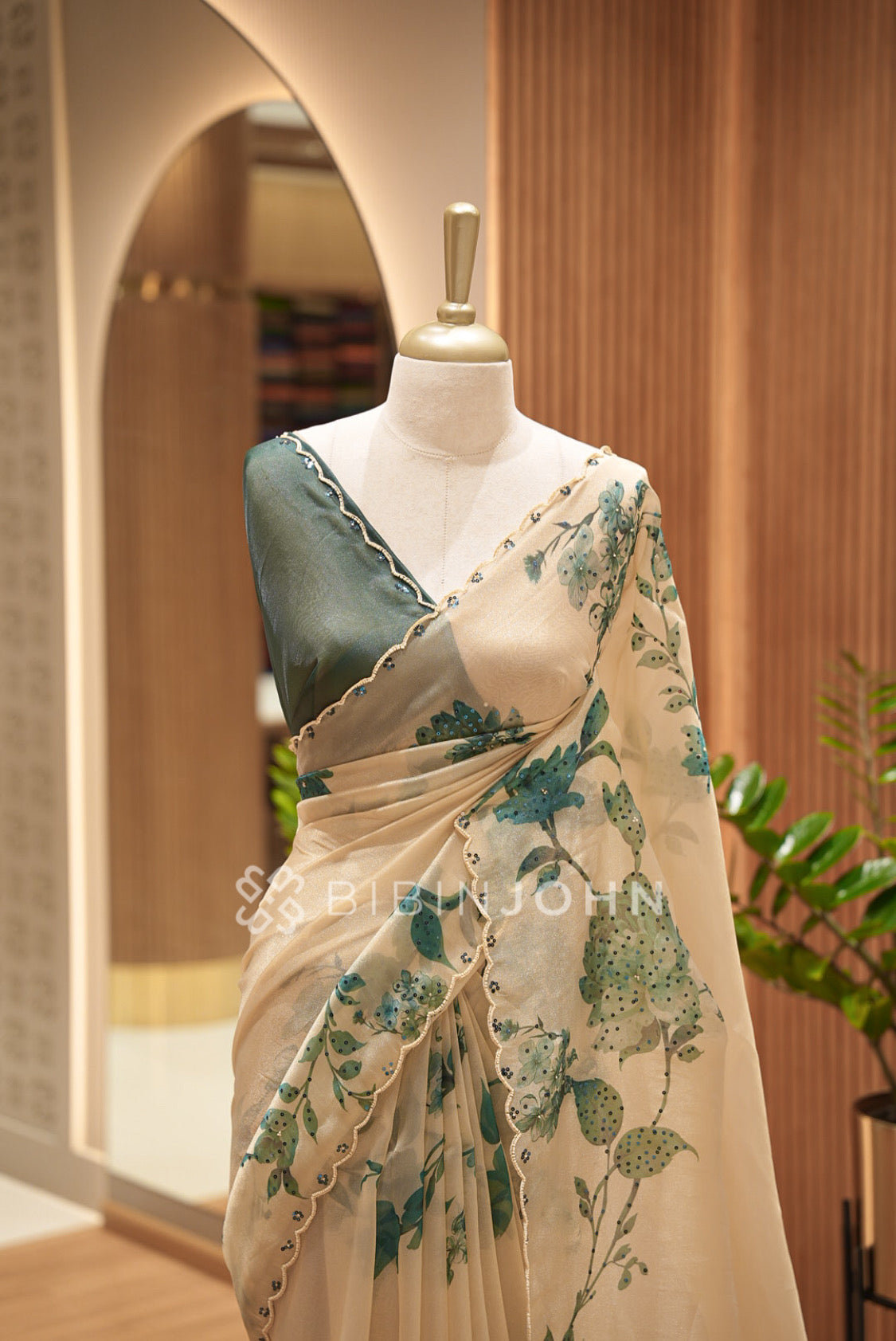 Tissue Organza Embroidery Saree For Women Ivory Cream Close View