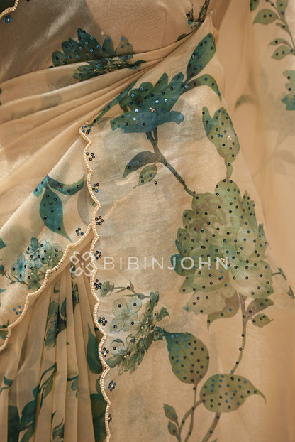 Tissue Organza Embroidery Saree For Women Ivory Cream  SIDE VIEW