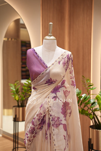 Tissue Organza Embroidery Saree For Women Ivory Cream CLOSE VIEW
