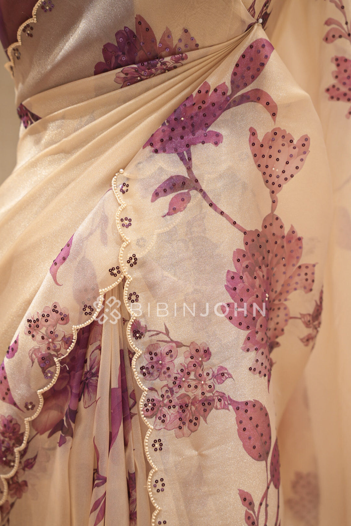 Tissue Organza Embroidery Saree For Women Ivory Cream SIDE VIEW