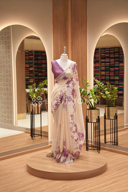 Tissue Organza Embroidery Saree For Women Ivory Cream