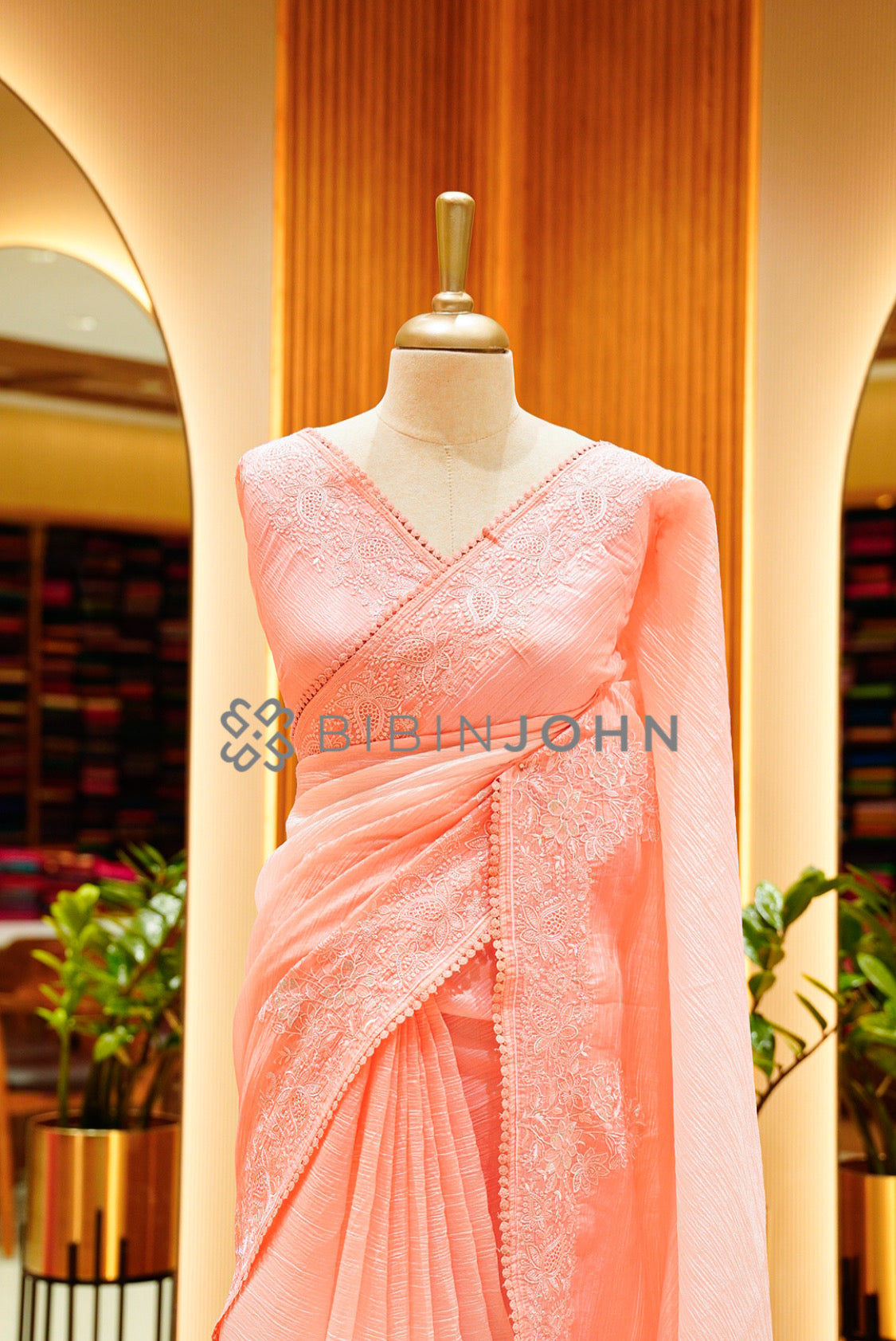 Tissue Organza Embroidery Saree For Women  peach CLOSE VIEW